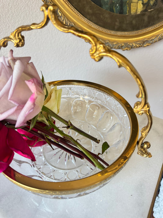 French Cut Crystal Basket with Gilt Bronze Handle