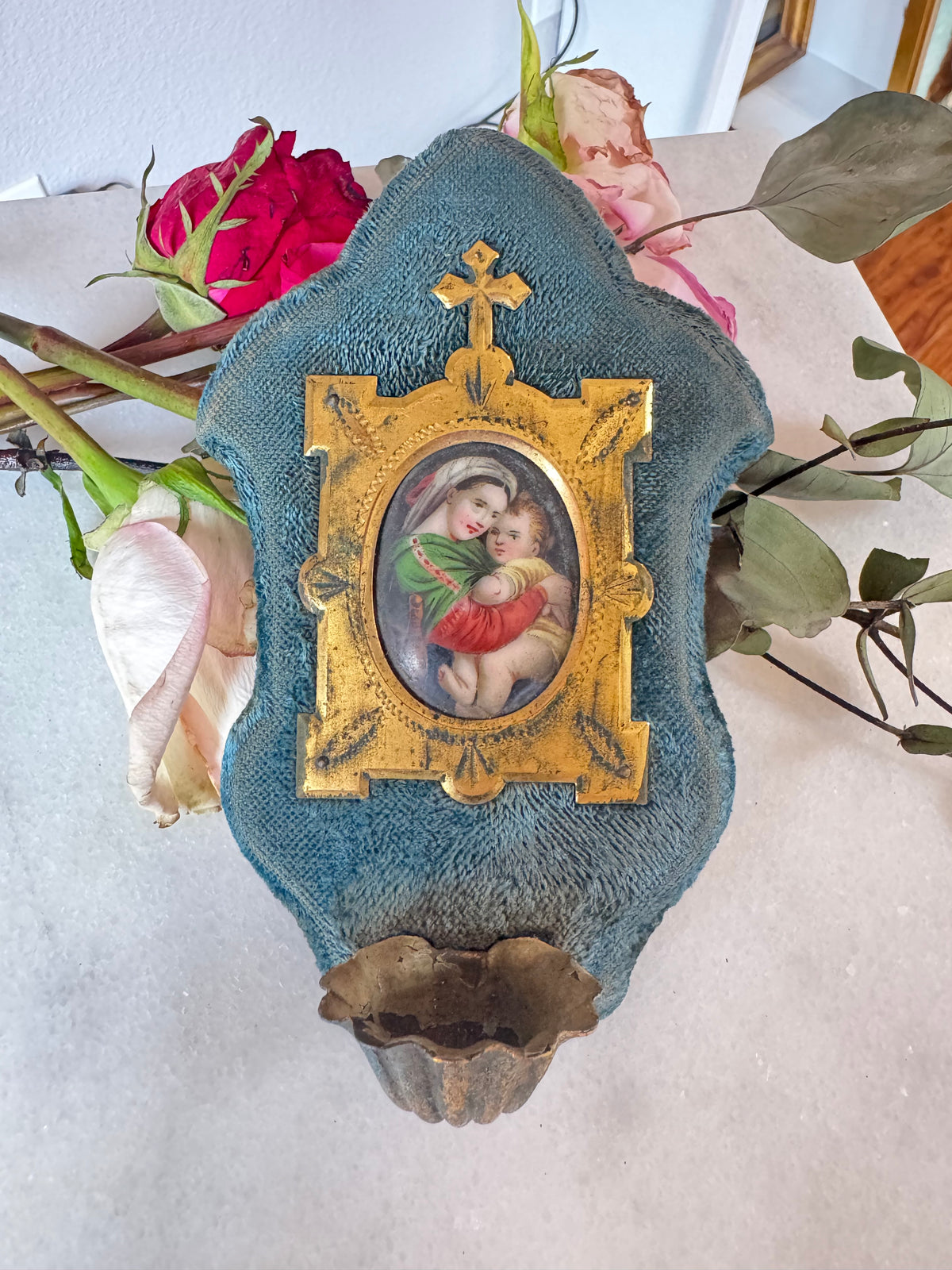 Antique Velvet Holy Water Font with Enamel Madonna