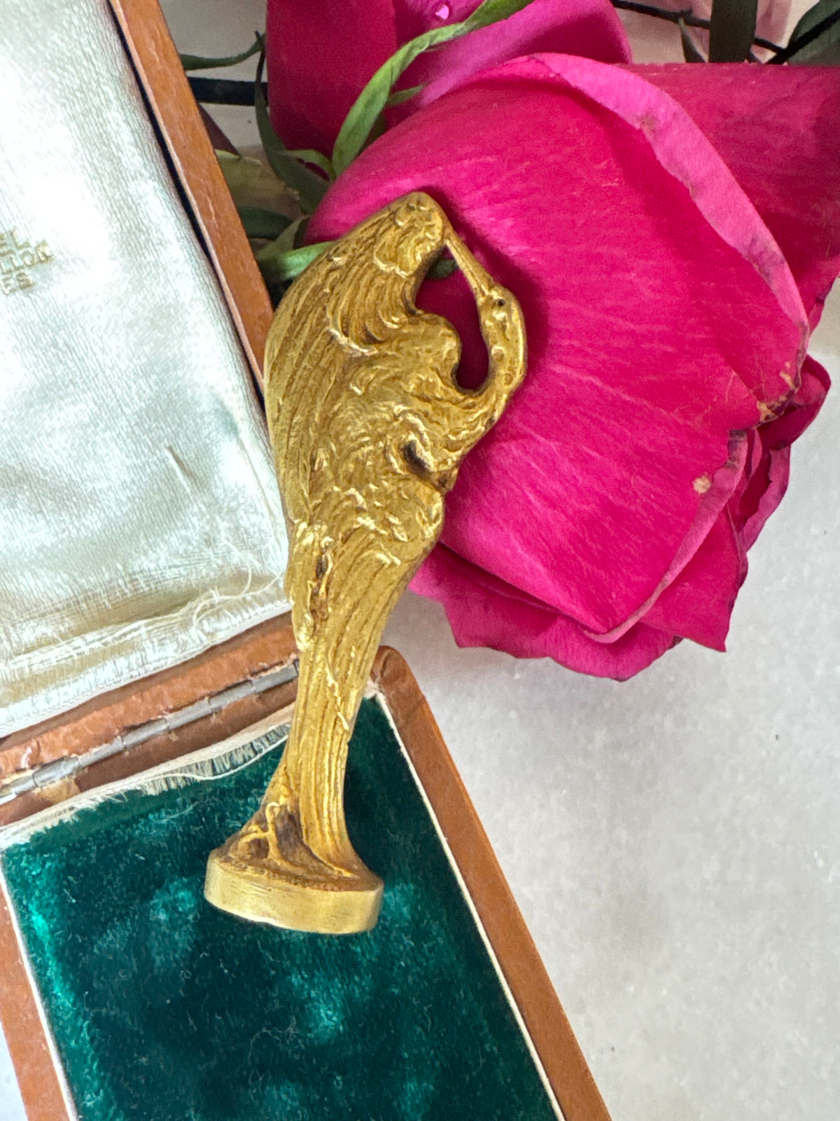 Art Nouveau Gilt Bronze Heron Wax Seal in Fitted Case, A. Lancel Nantes