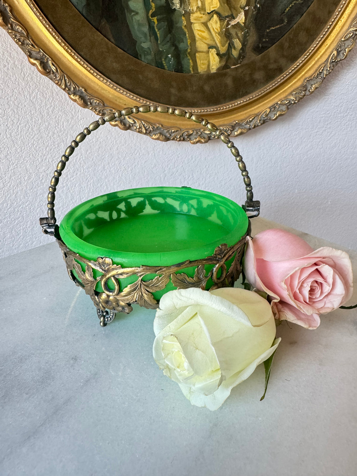 Antique Green Opaline Basket
