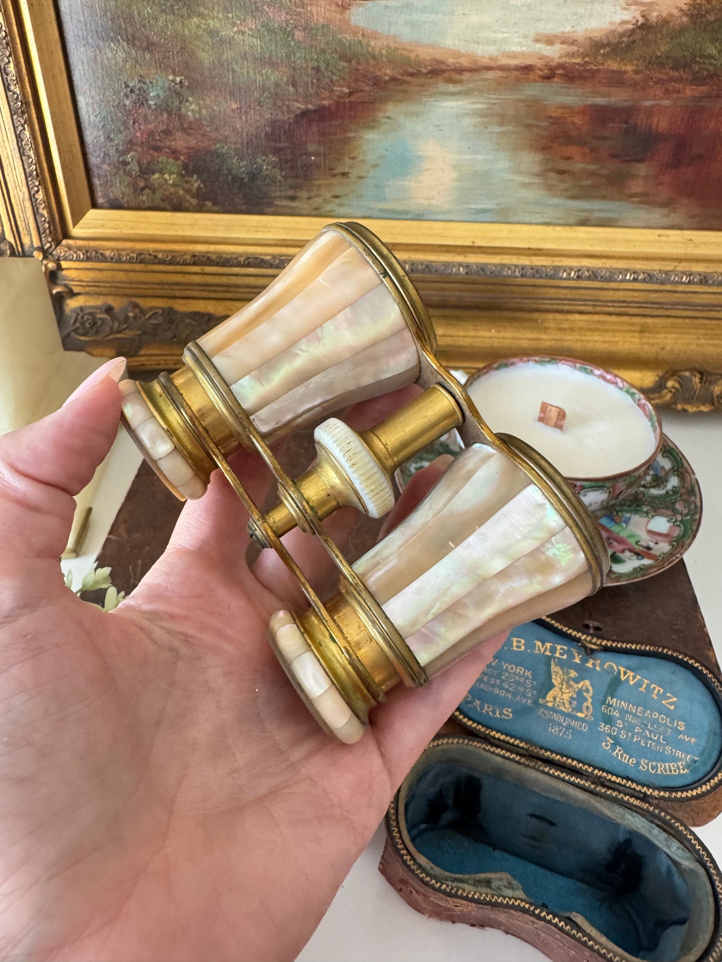 Antique Lemaire Paris Opera Glasses with Original E.B. Meyrowitz New York Case – Mother of Pearl & Brass Binoculars c.1890