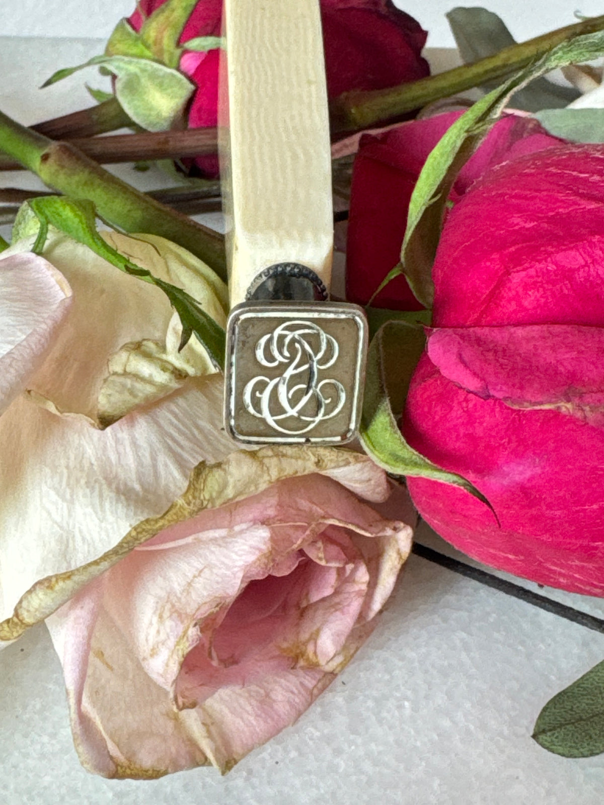 Antique Shibayama-Style Inlaid Bone Wax Seal, CS Monogram