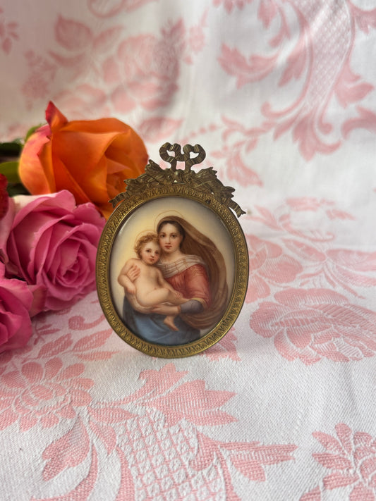 Antique Bronze Miniature Frame with Sistine Madonna Portrait