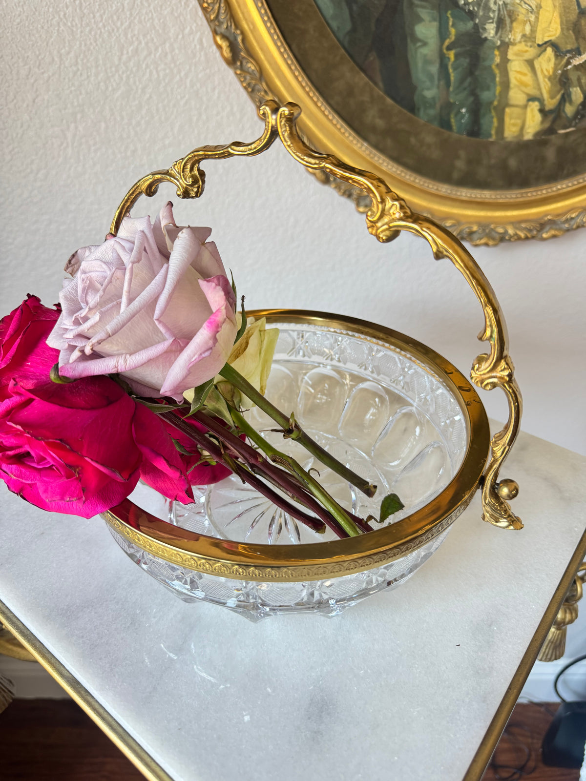 French Cut Crystal Basket with Gilt Bronze Handle