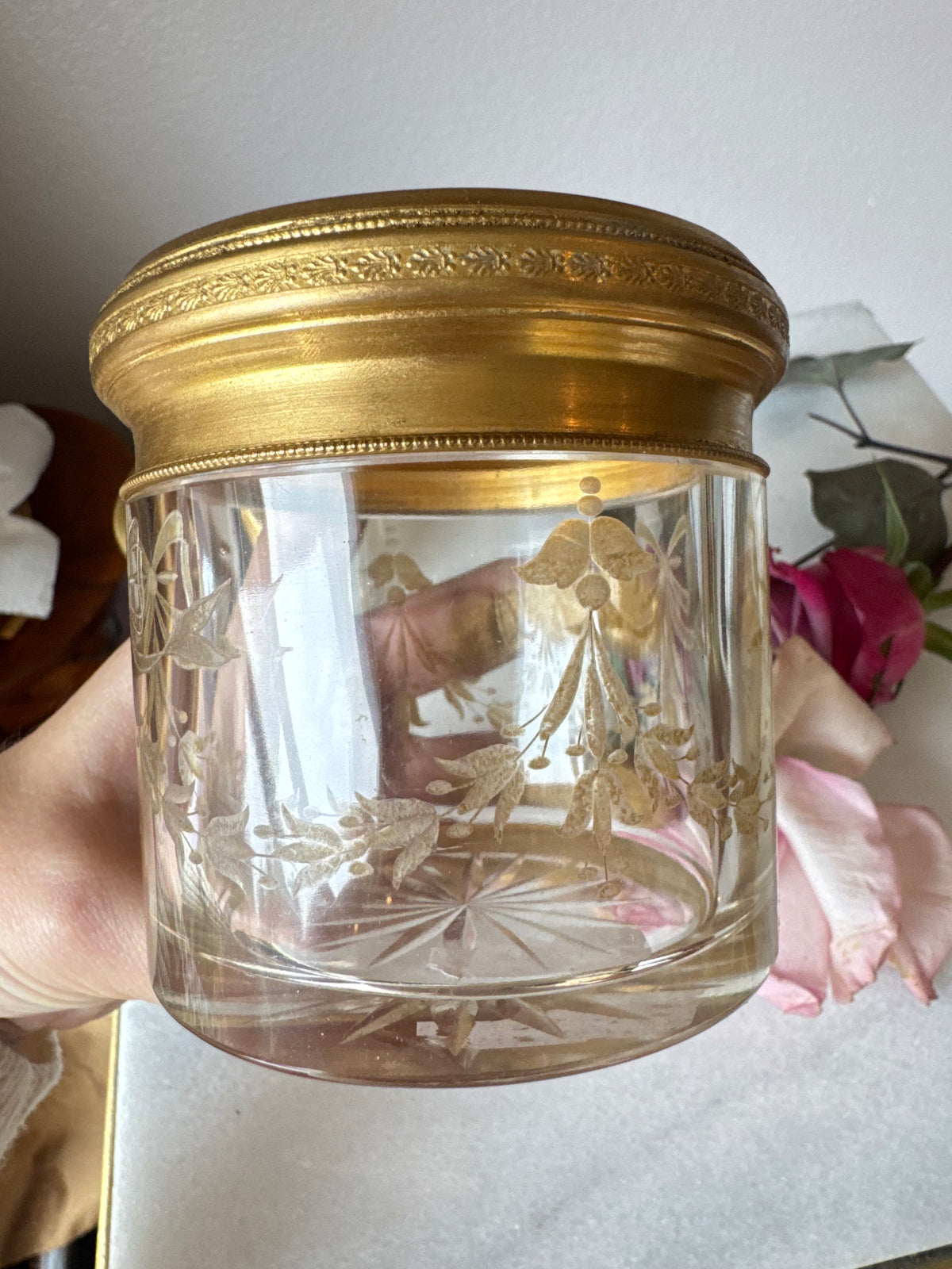 Bow Etched Crystal Vanity Jar with Gilt Lid - Large