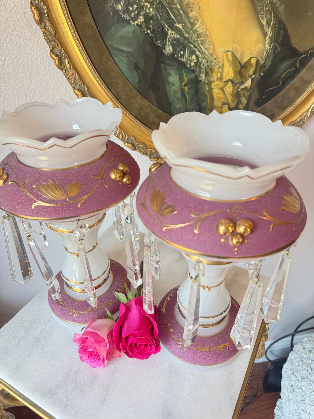 Pair of French Opaline Mantle Lusters