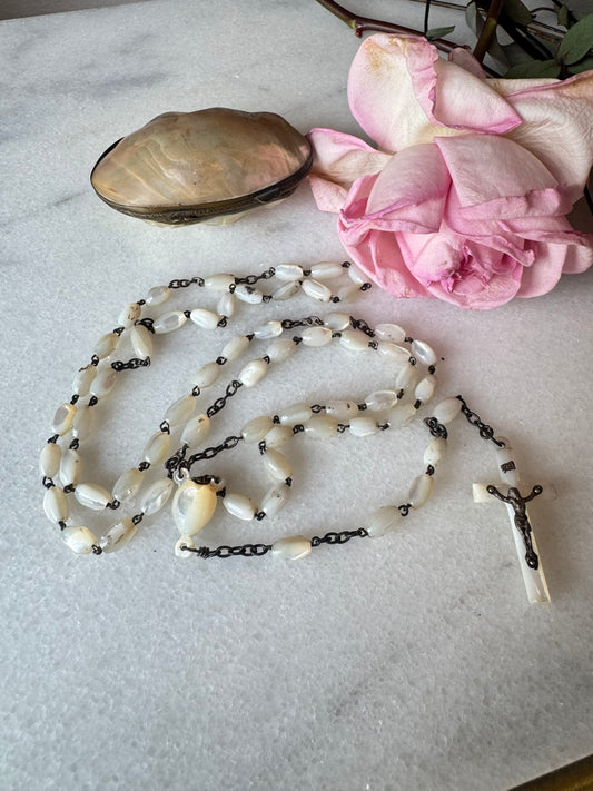 Antique French Mother-of-Pearl Rosary in Shell Purse