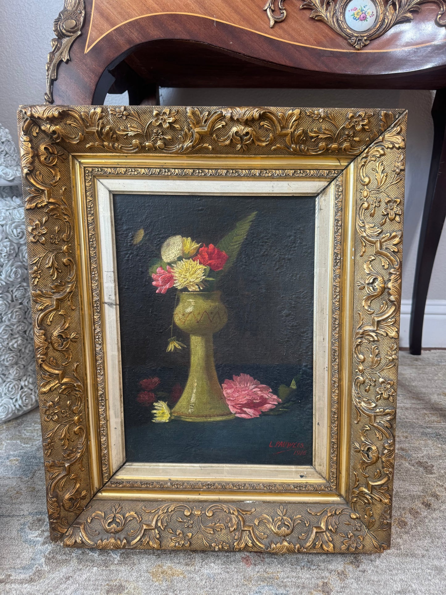 Dutch floral with green vase signed L. Pauwels