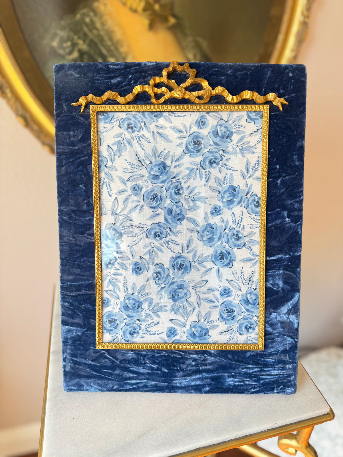 Antique French Blue Velvet Frame with Gilt Bronze Ribbon Bow