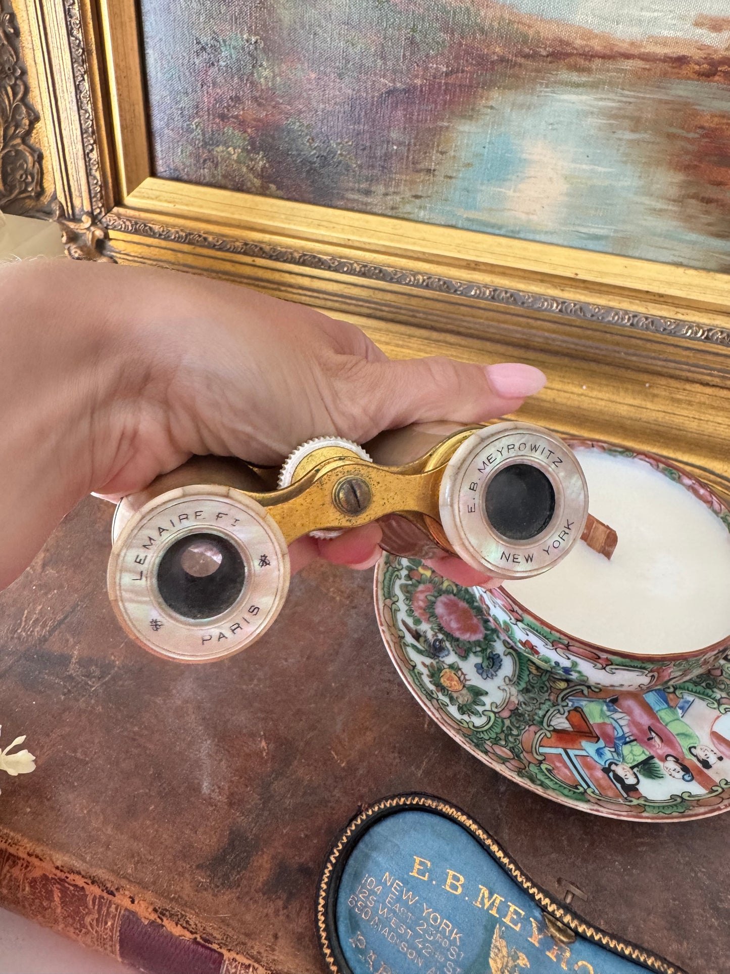 Antique Lemaire Paris Opera Glasses with Original E.B. Meyrowitz New York Case – Mother of Pearl & Brass Binoculars c.1890