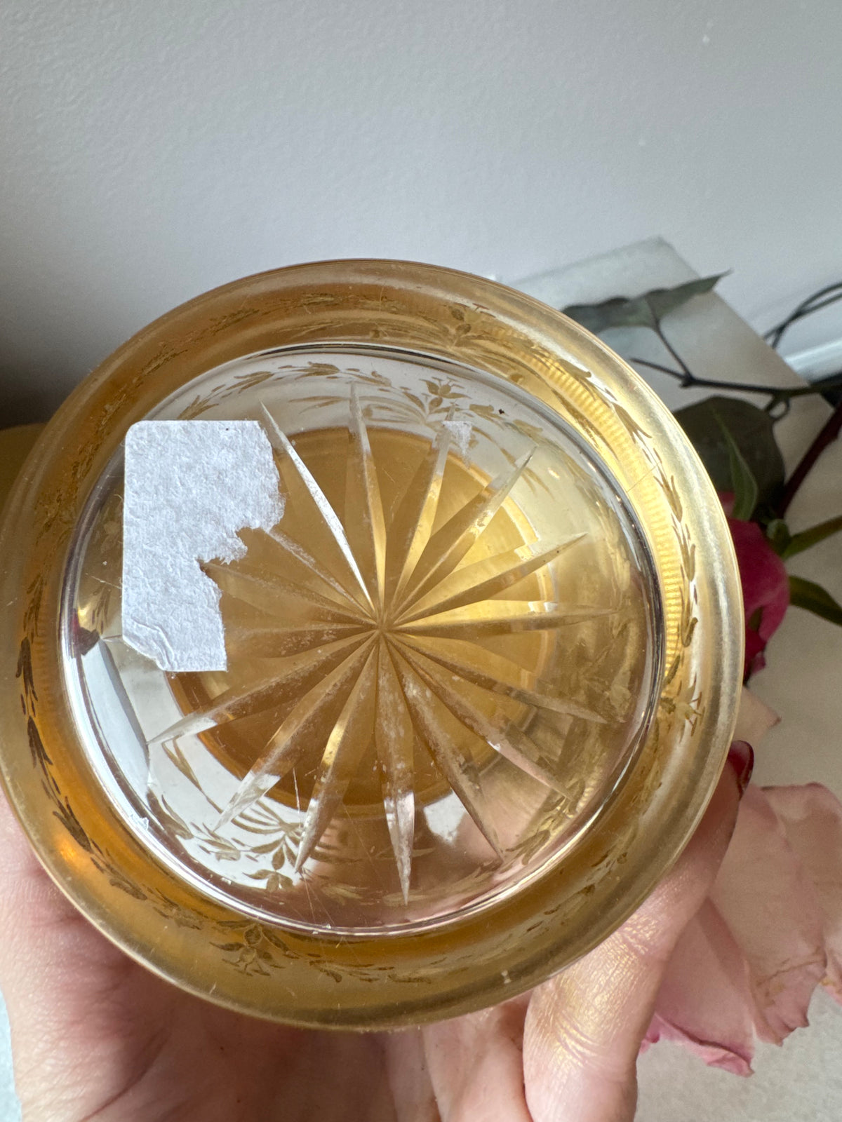 Bow Etched Crystal Vanity Jar with Gilt Lid - Large