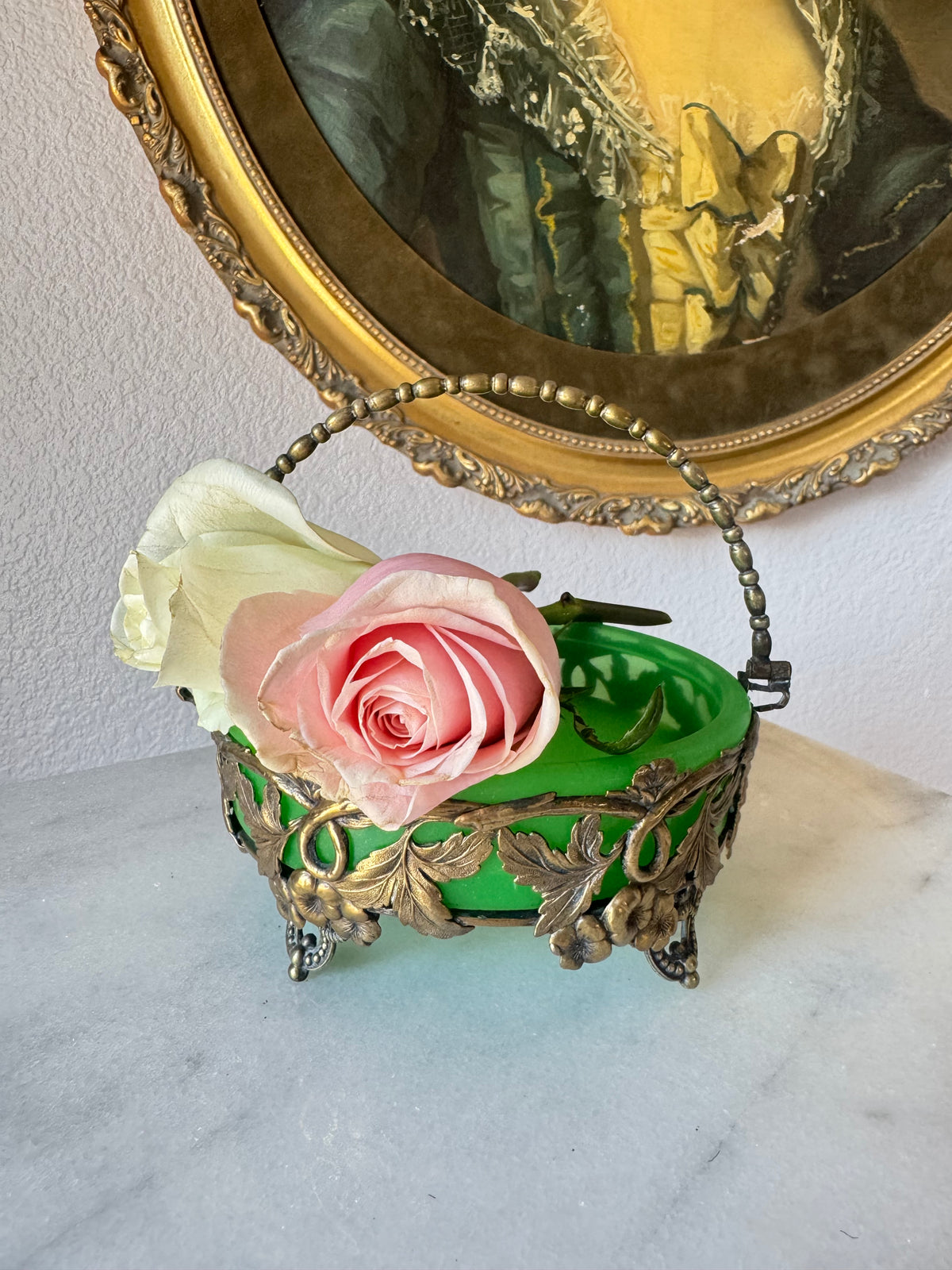 Antique Green Opaline Basket