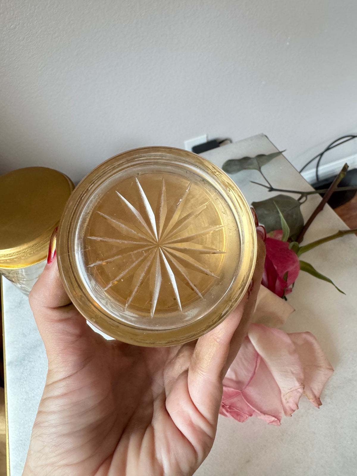 Bow Etched Crystal Vanity Jar with Gilt Lid - Small