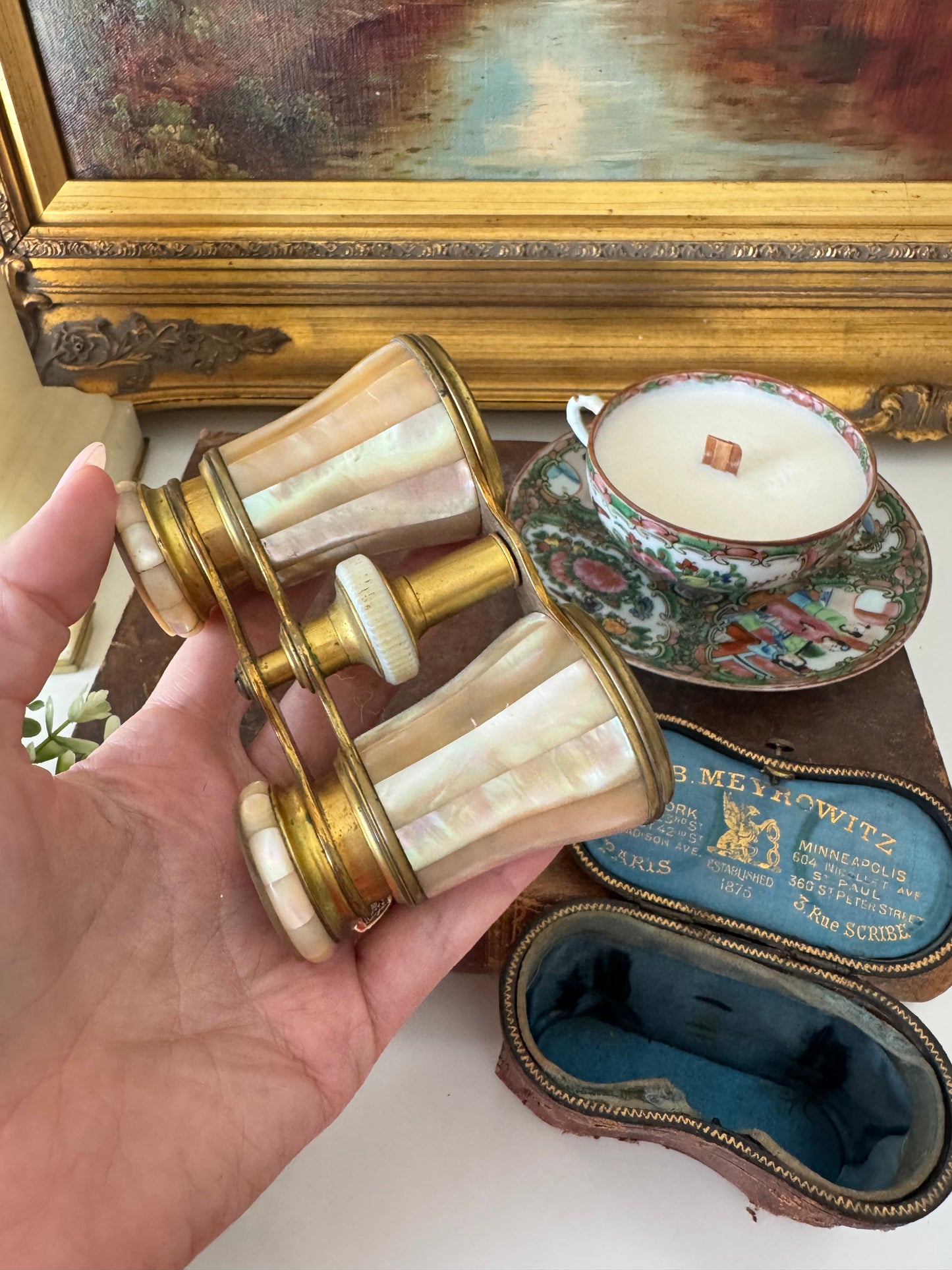 Antique Lemaire Paris Opera Glasses with Original E.B. Meyrowitz New York Case – Mother of Pearl & Brass Binoculars c.1890