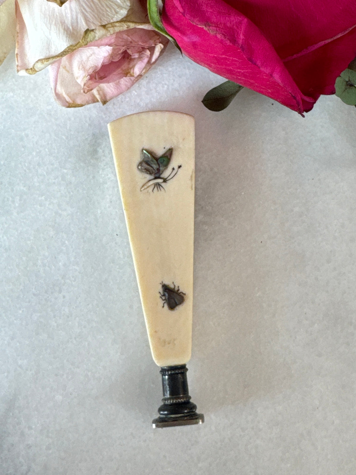 Antique Shibayama-Style Inlaid Bone Wax Seal, CS Monogram