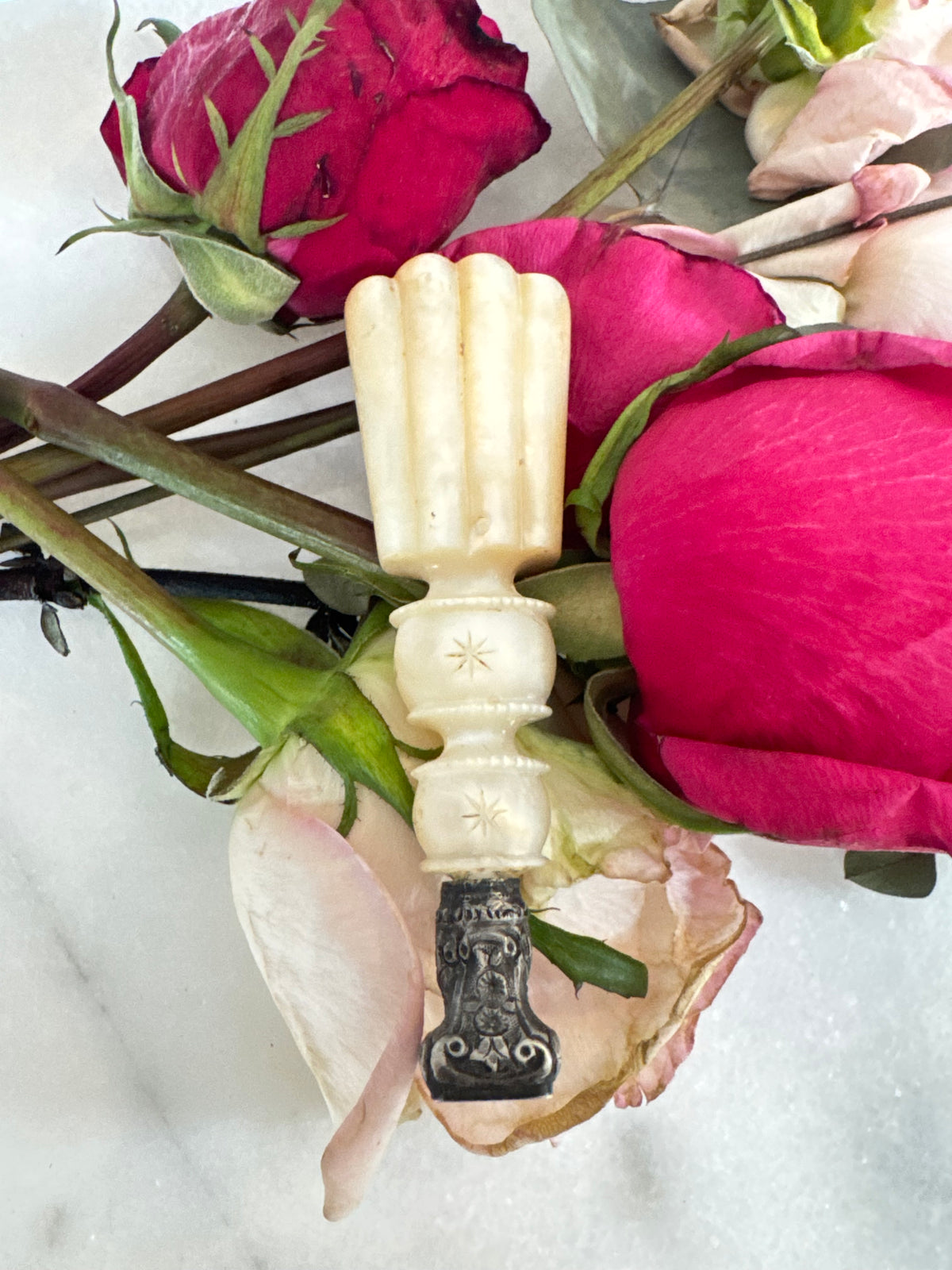 19th Century Carved Fluted Wax Seal with Repoussé Silver Mount