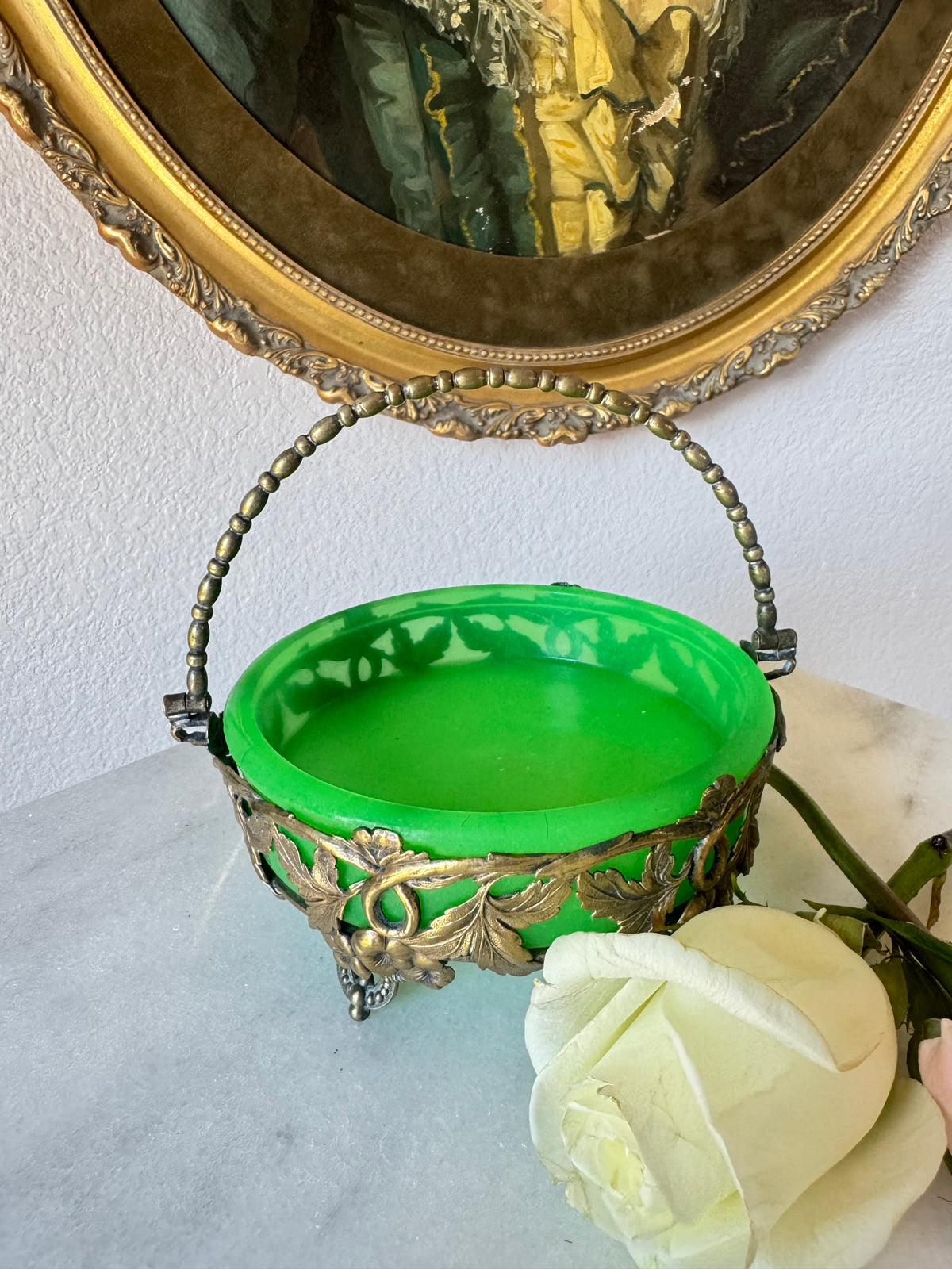 Antique Green Opaline Basket