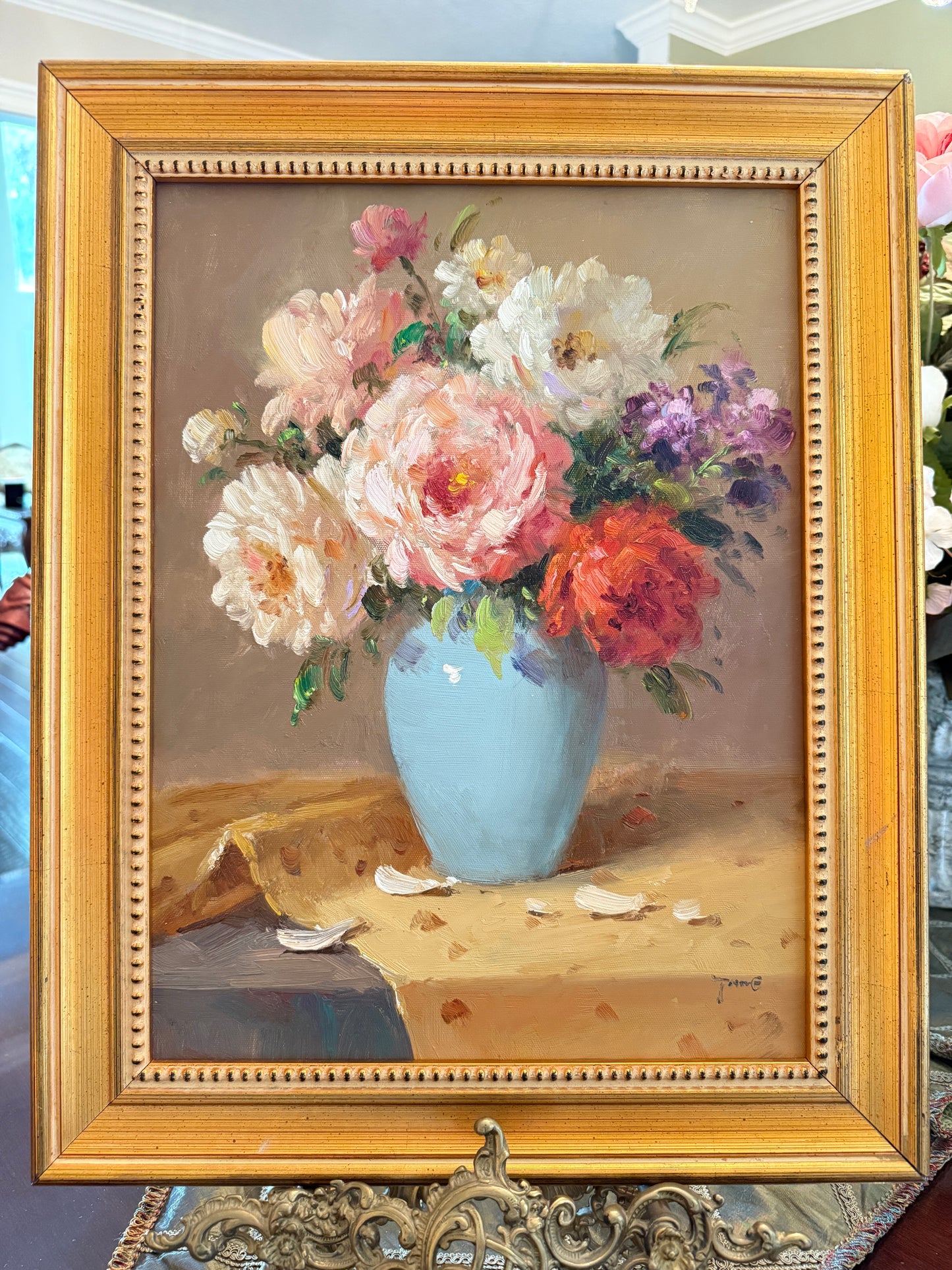Floral Still Life Oil on Canvas — Signed, 12” x 16” (19¼” x 15¼” Framed)