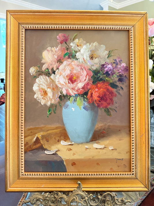 Floral Still Life Oil on Canvas — Signed, 12” x 16” (19¼” x 15¼” Framed)