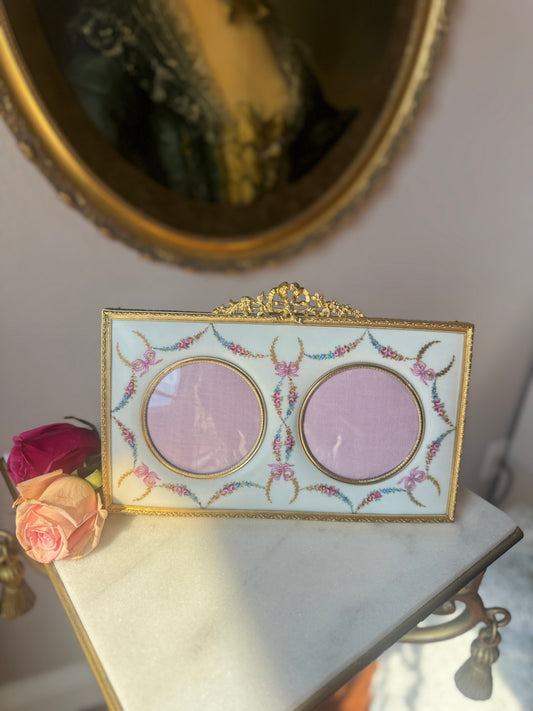 Sèvres Style Porcelain Double Frame with Gilt Bronze Ribbon Bow
