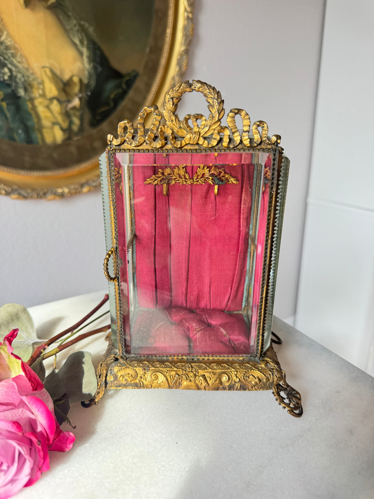 Antique French Beveled Glass Vitrine with Gilt Bronze Ribbon Crest