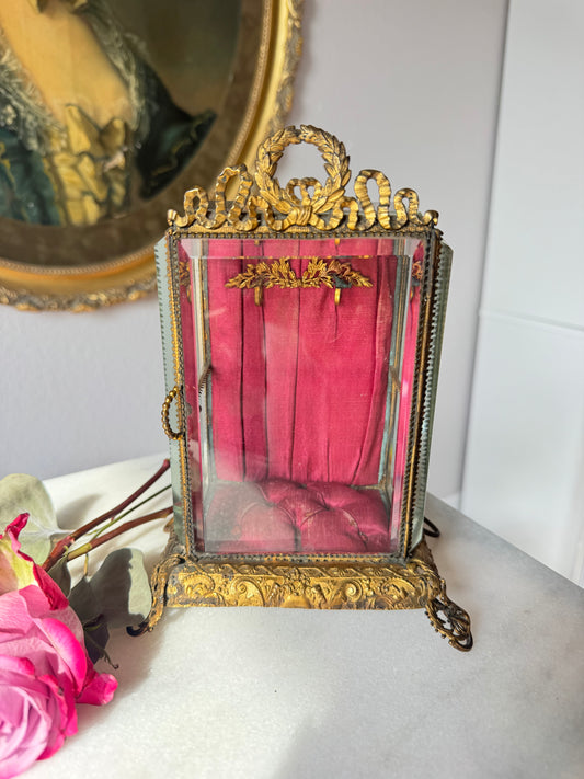Antique French Beveled Glass Vitrine with Gilt Bronze Ribbon Crest