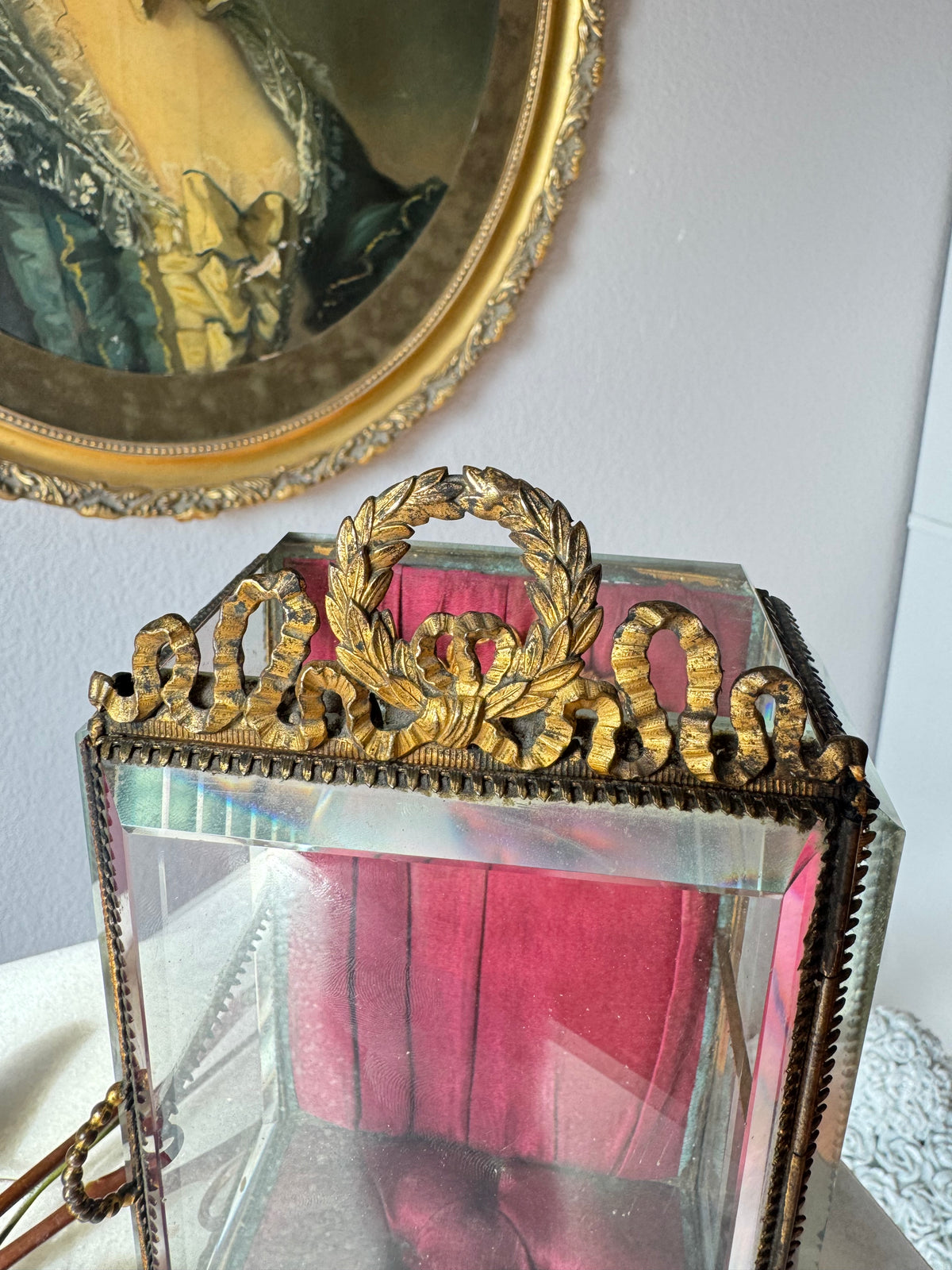 Antique French Beveled Glass Vitrine with Gilt Bronze Ribbon Crest
