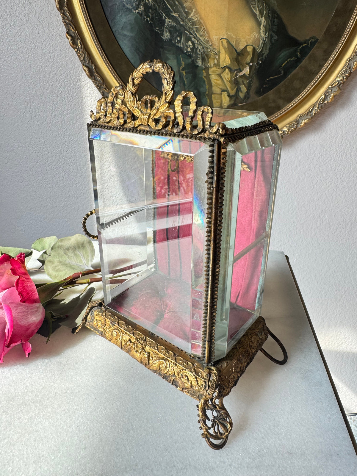 Antique French Beveled Glass Vitrine with Gilt Bronze Ribbon Crest