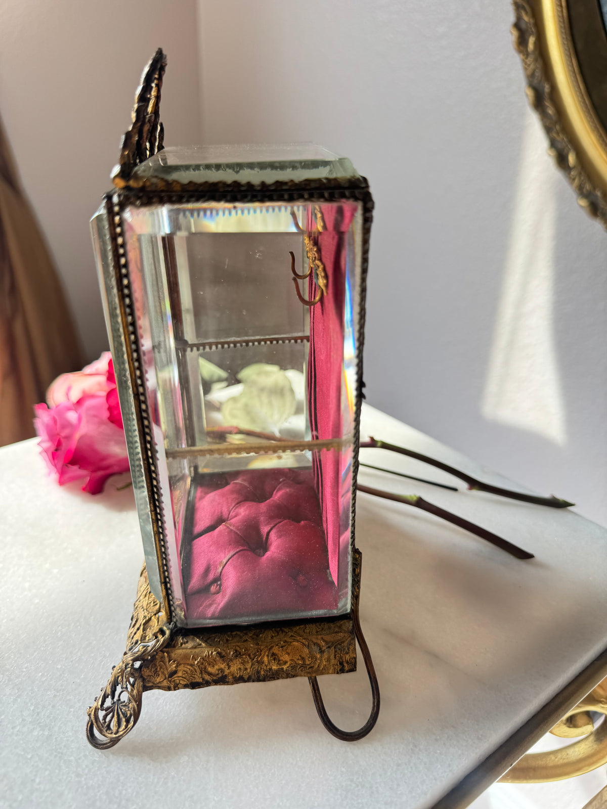 Antique French Beveled Glass Vitrine with Gilt Bronze Ribbon Crest