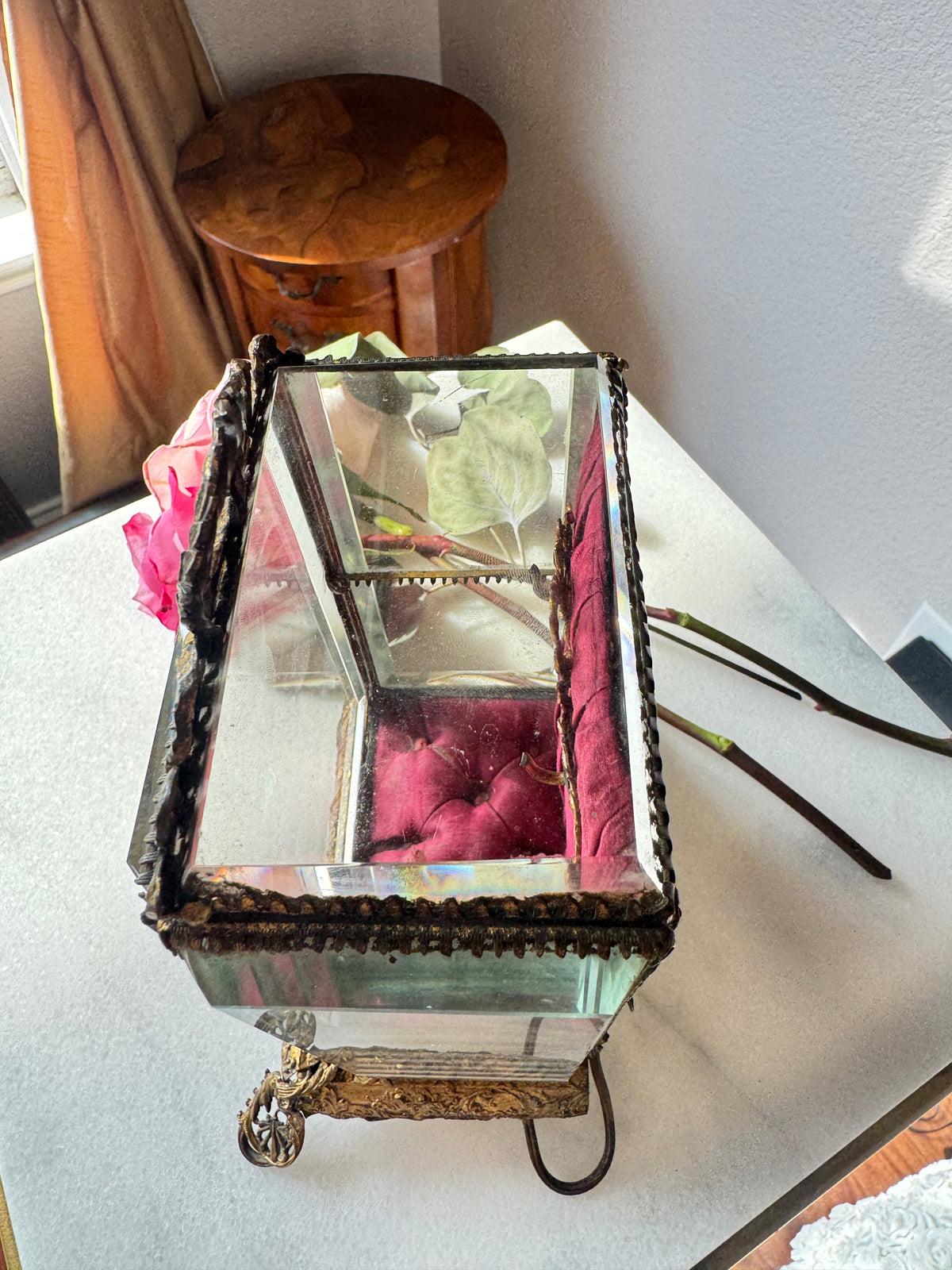 Antique French Beveled Glass Vitrine with Gilt Bronze Ribbon Crest