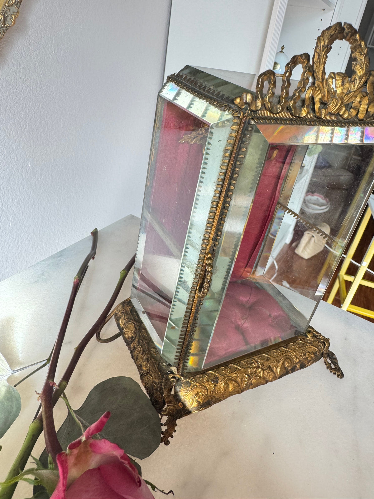 Antique French Beveled Glass Vitrine with Gilt Bronze Ribbon Crest