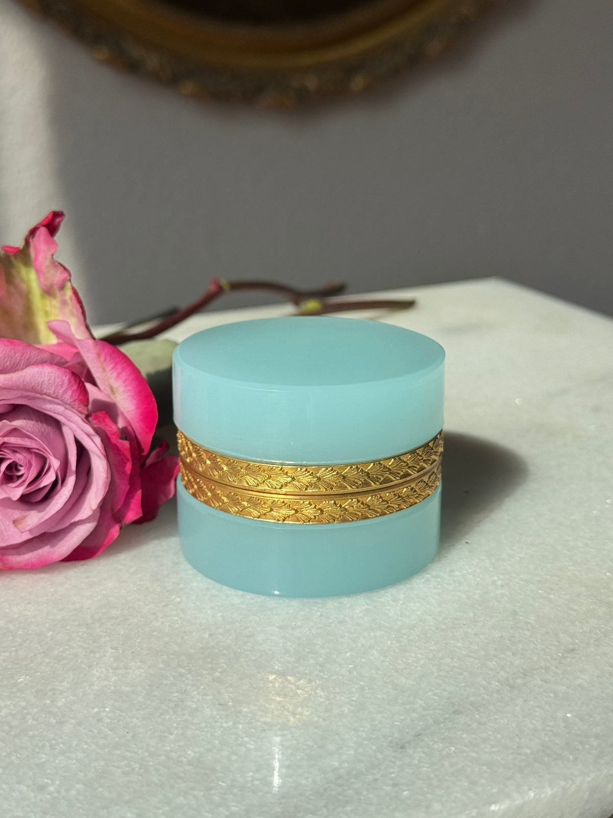 Antique Pale Blue Opaline Casket with Chased Gilt Bronze Band
