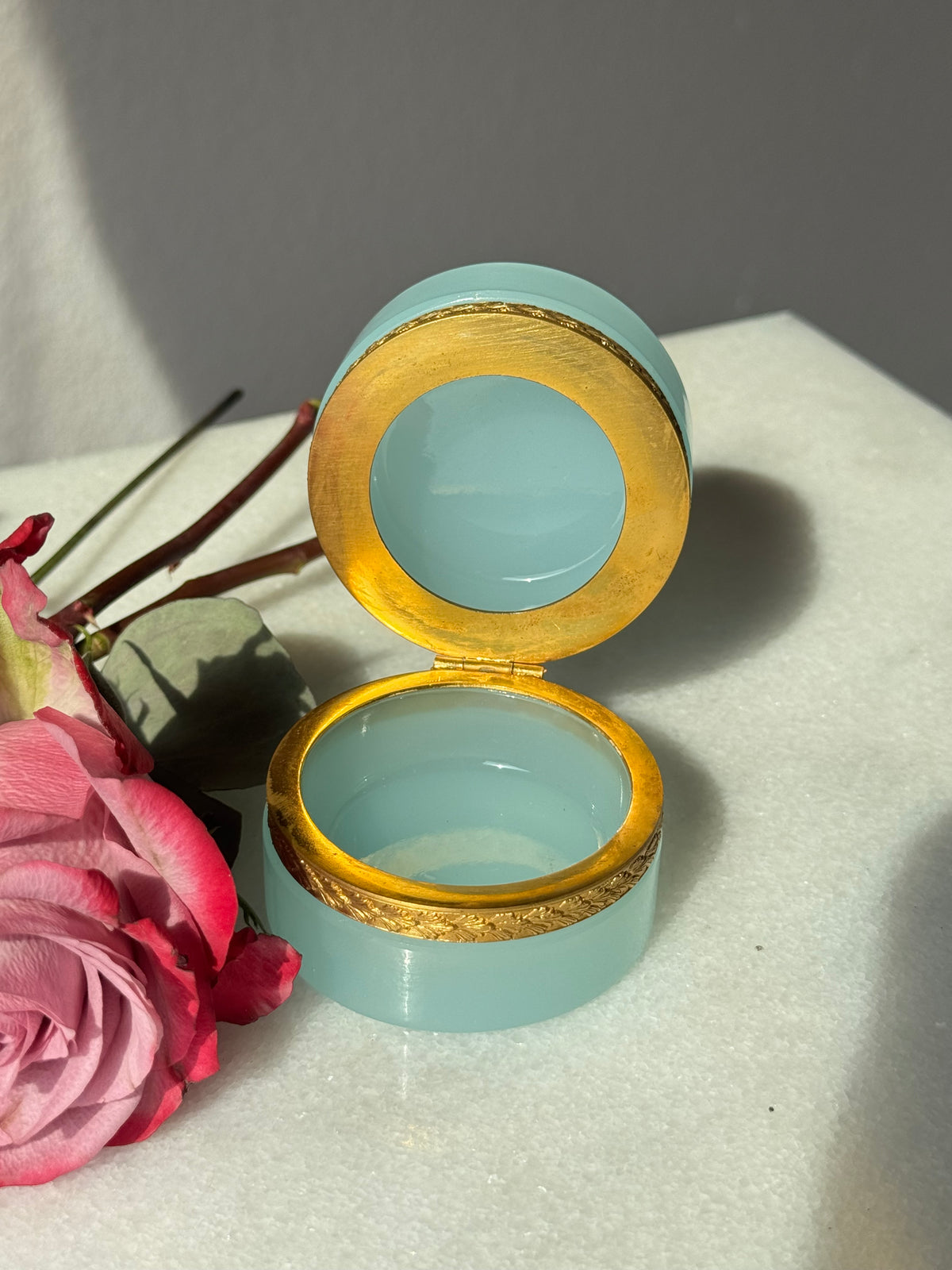 Antique Pale Blue Opaline Casket with Chased Gilt Bronze Band
