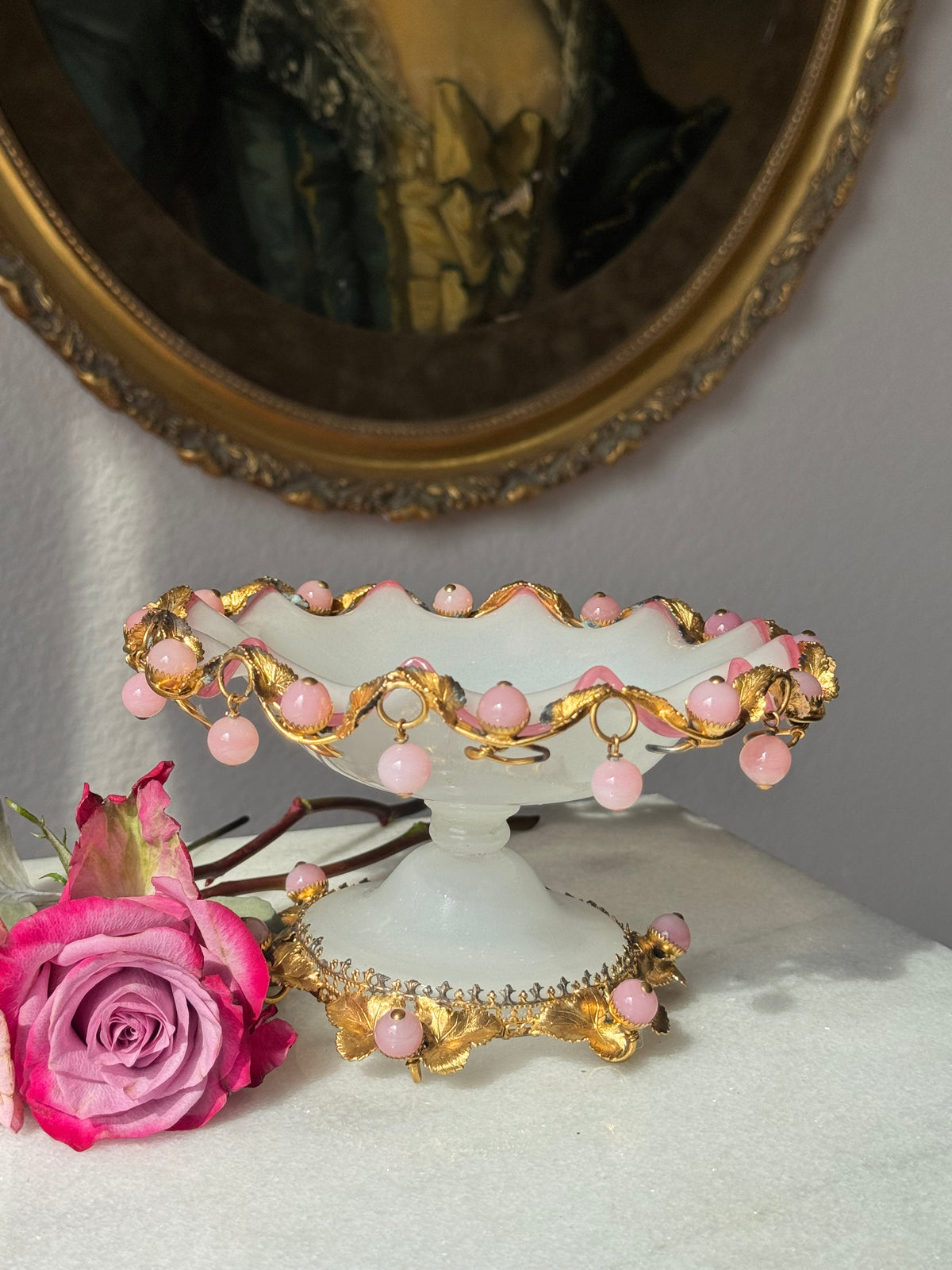 Grand Tour Pink Opaline Compote with Gilt Leaf Mounts