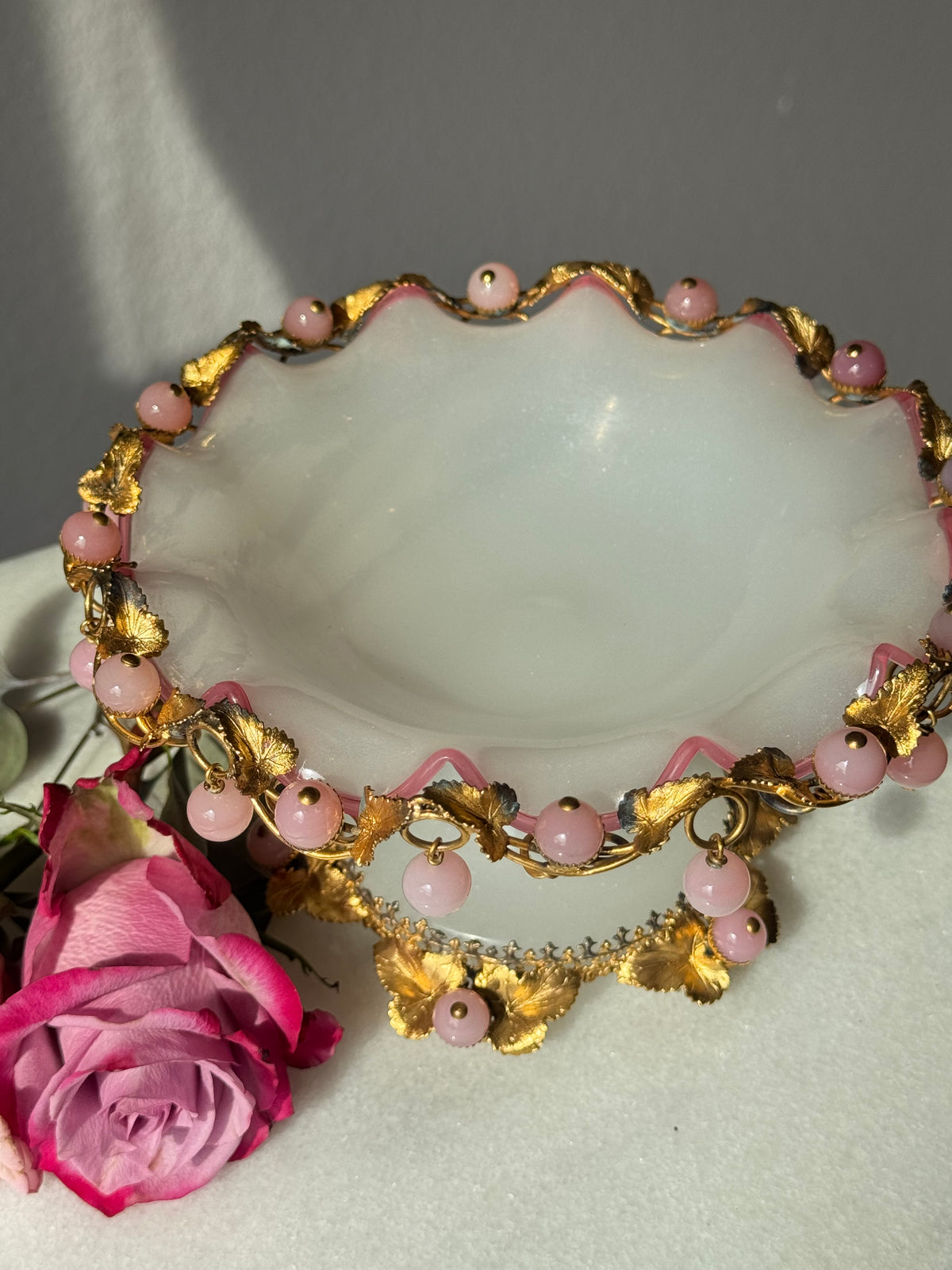 Grand Tour Pink Opaline Compote with Gilt Leaf Mounts
