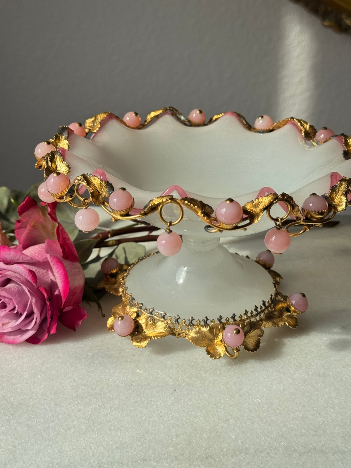 Grand Tour Pink Opaline Compote with Gilt Leaf Mounts