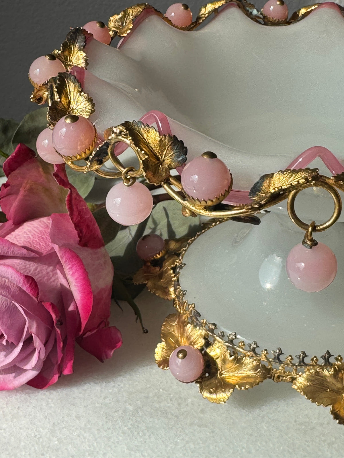Grand Tour Pink Opaline Compote with Gilt Leaf Mounts