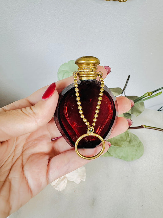 Antique French Ruby Glass Chatelaine Scent Bottle with Chain and Finger Ring