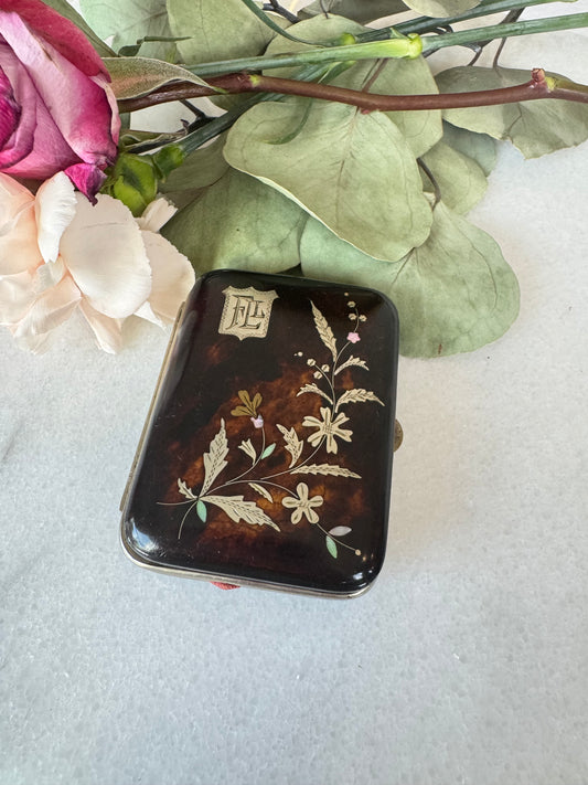 Antique French Monogrammed Tortoiseshell Coin Purse with Silver and Mother-of-Pearl Inlay