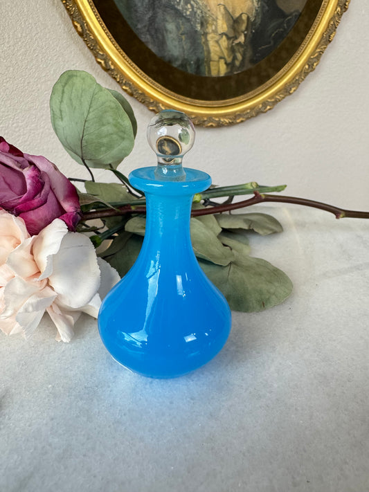 Antique French Blue Opaline Scent Bottle with Ball Stopper