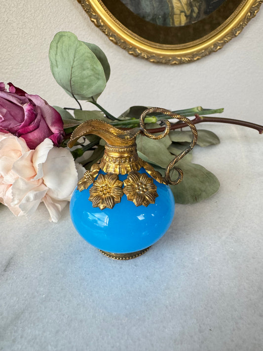 Antique French Palais Royal Blue Opaline Miniature Ewer with Gilt Flower Mounts