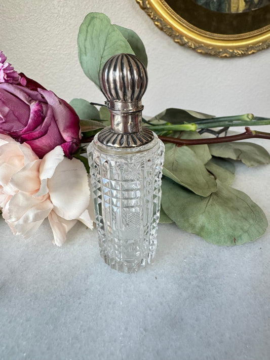 Antique Cut Crystal Scent Bottle with Fluted Silver Cap