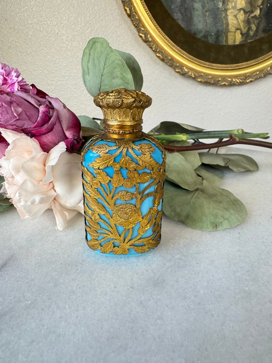 Antique French Palais Royal Turquoise Opaline Scent Bottle with Gilt Rose Overlay