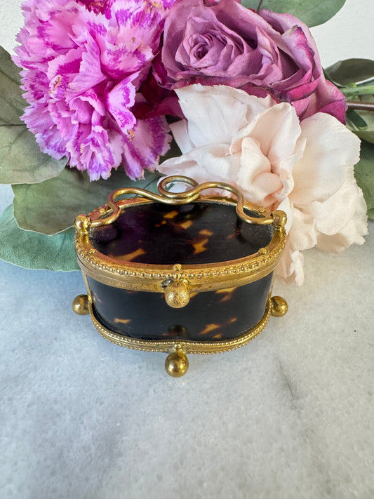 Antique French Napoleon III Tortoiseshell and Gilt Brass Casket with Loop Handle