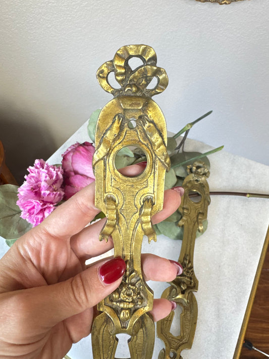 Antique French Louis XVI Style Bronze Door Backplate with Ribbon Bow