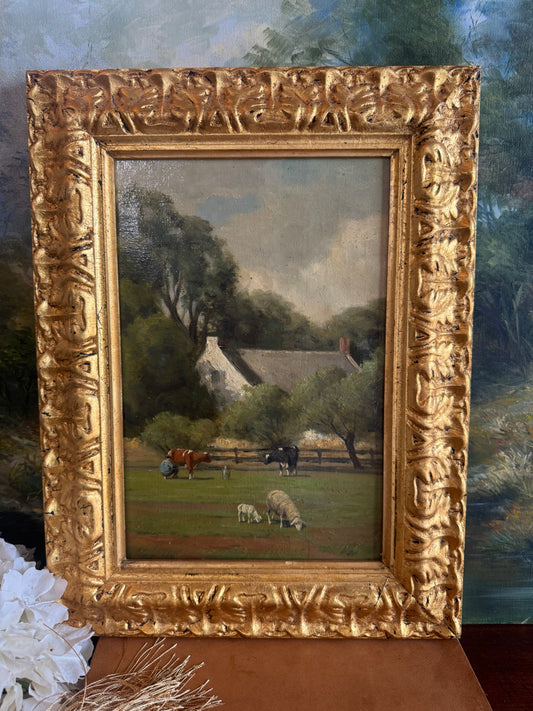 Antique Oil on Canvas Pastoral Lanscape with Sheep and Cows