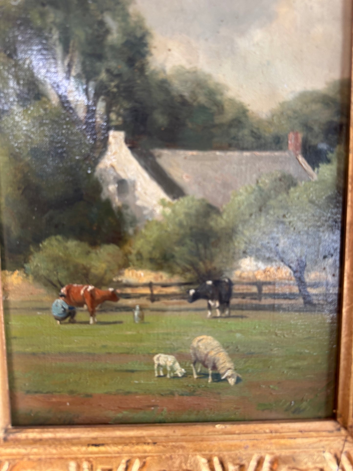 Antique Oil on Canvas Pastoral Lanscape with Sheep and Cows
