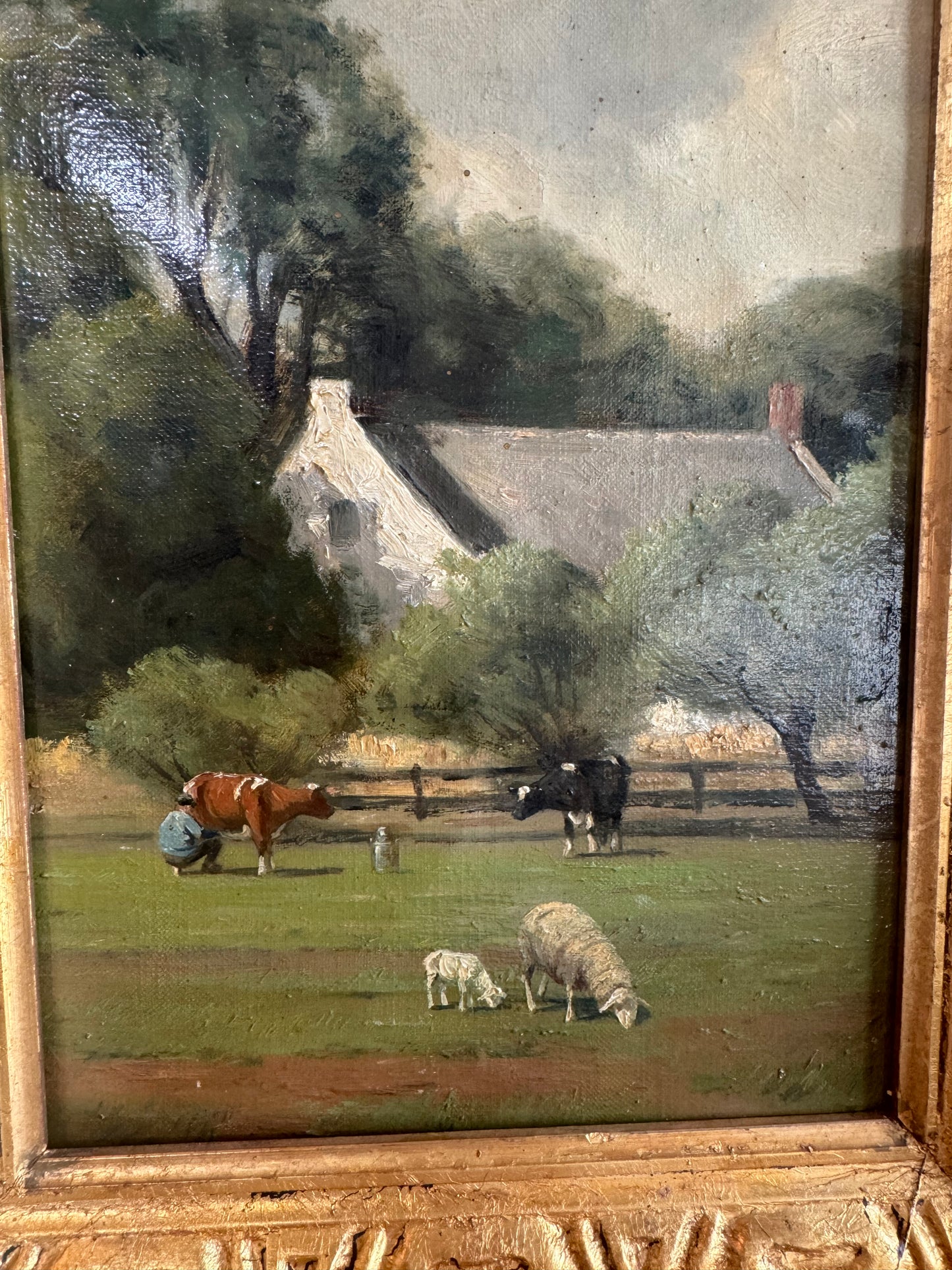 Antique Oil on Canvas Pastoral Lanscape with Sheep and Cows