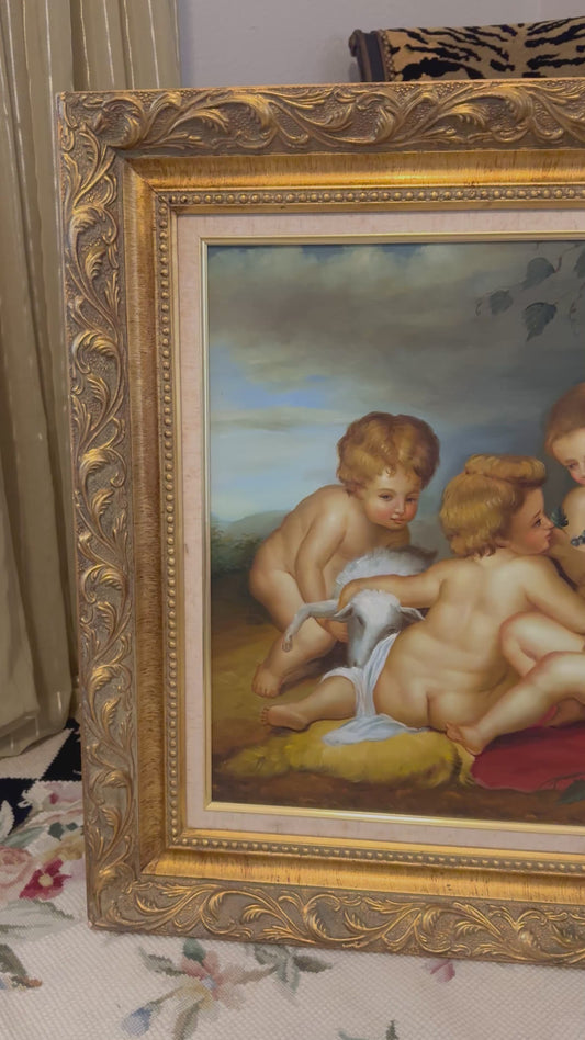 Vintage Cherub Oil on Canvas Painting